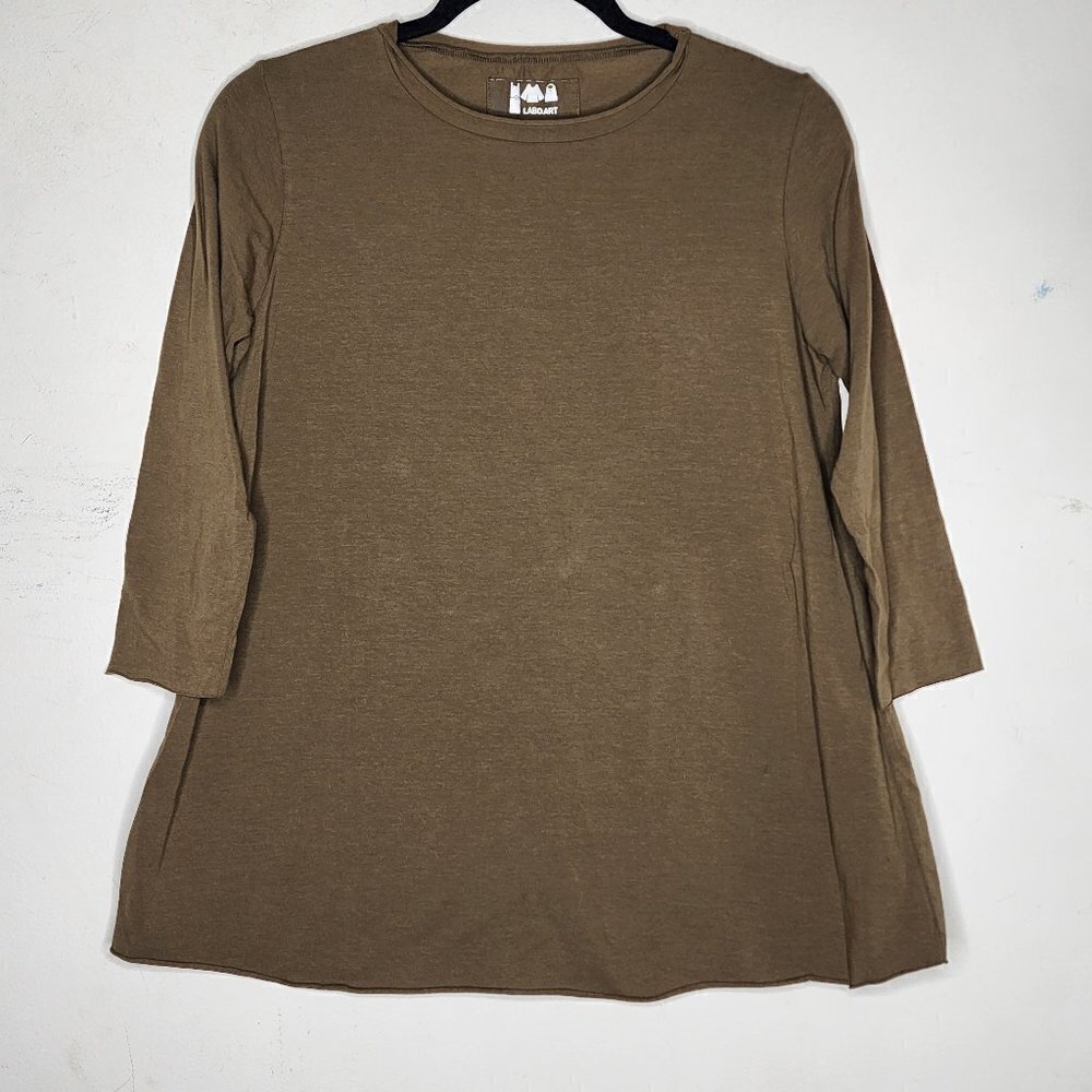 Labo.Art Neutral Brown Oversized Lagenlook 3/4 Sleeve Cotton Blend Shirt, sz S